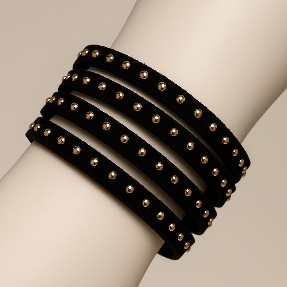 Gold Studded Black Adjustable Multi Strand Bracelet, 8" Women's Fashion Jewelry